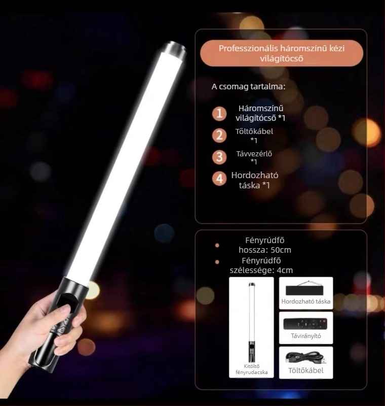 Hordozható fotózási fény RGB LED-del, állítható fényerővel és színnel, önellátó