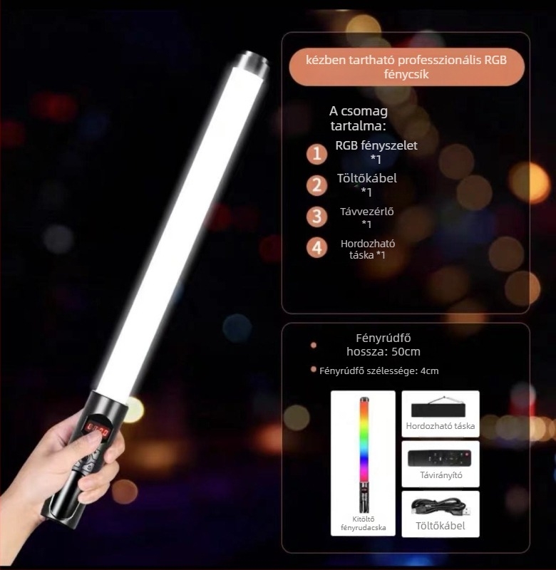 Hordozható fotózási fény RGB LED-del, állítható fényerővel és színnel, önellátó