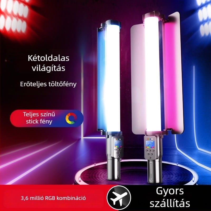Hordozható fotózási fény RGB LED-del, állítható fényerővel és színnel, önellátó