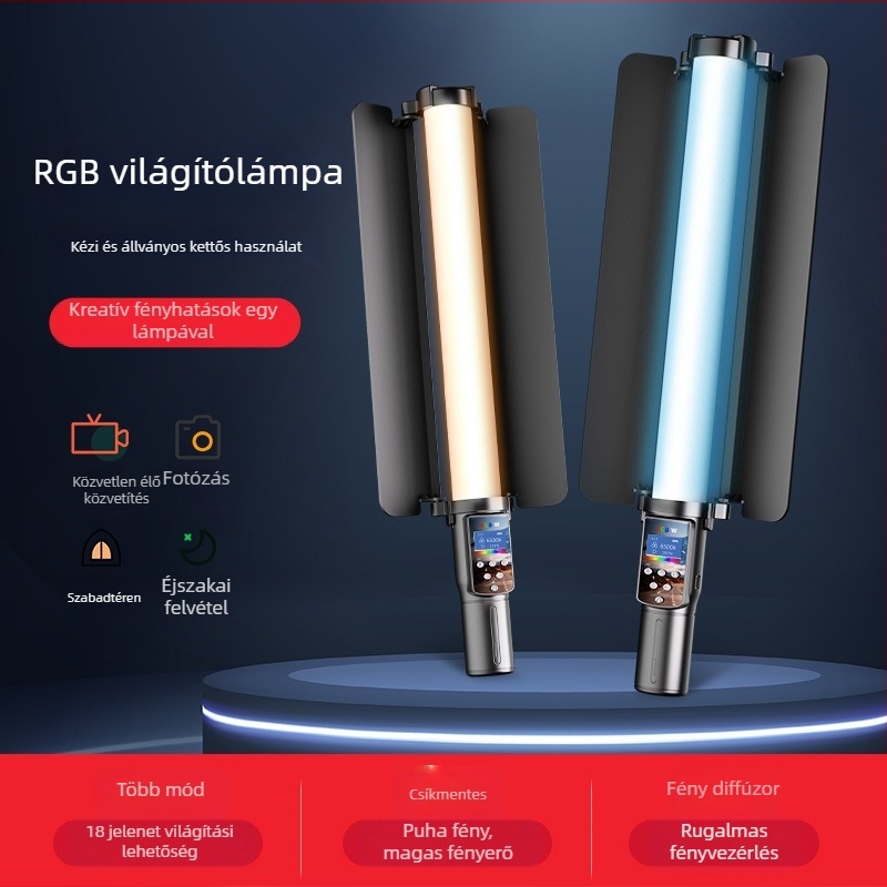 Hordozható fotózási fény RGB LED-del, állítható fényerővel és színnel, önellátó