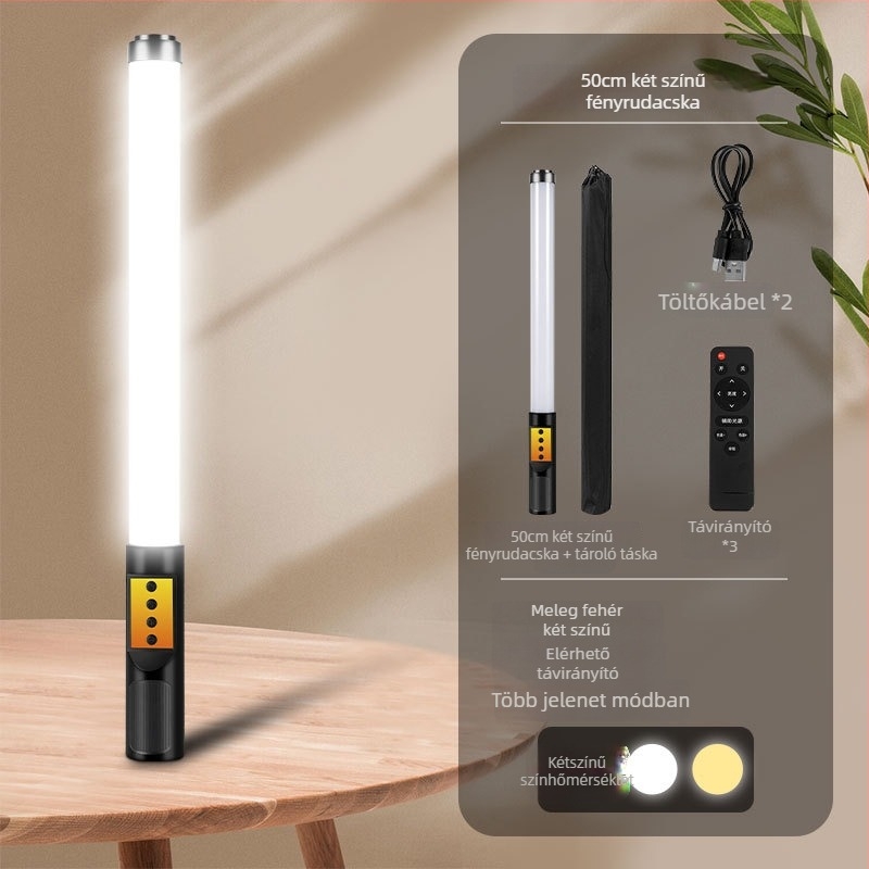 Hordozható fotózási fény RGB LED-del, állítható fényerővel és színnel, önellátó