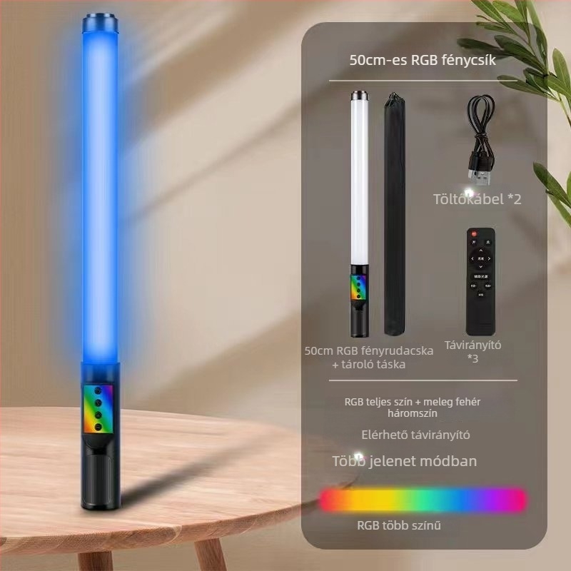 Hordozható fotózási fény RGB LED-del, állítható fényerővel és színnel, önellátó