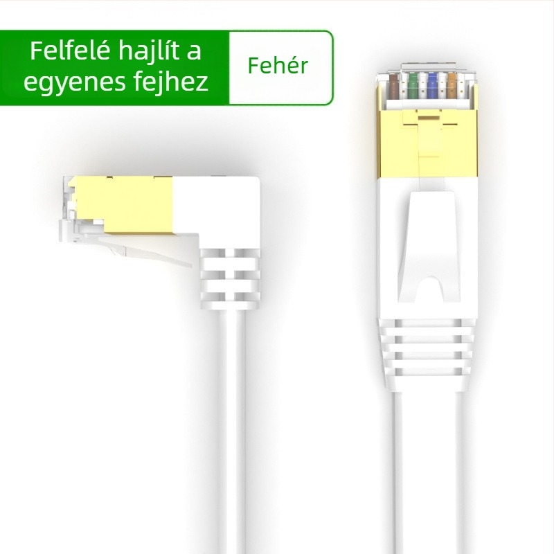 7. kategóriájú lapos hálózati kábel 90°-os könyökkel, árnyékolt, tiszta réz