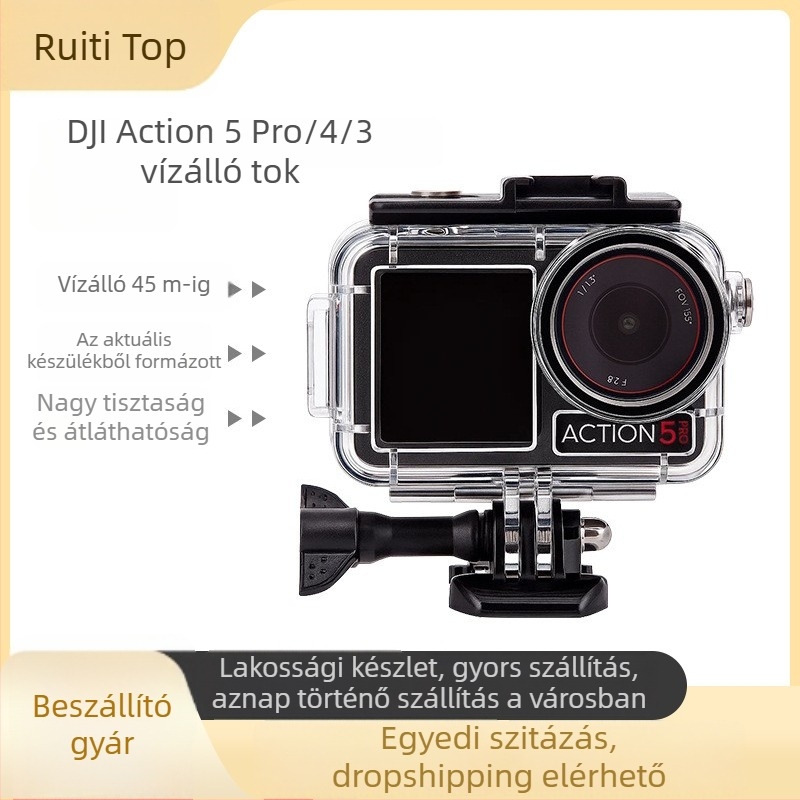 Vízálló tok DJI Action5 Pro/4/3 | Anyag: PC + 316 rozsdamentes acél | Tartalom: vízálló burkolat, alap, csavarok, párásodás elleni fólia