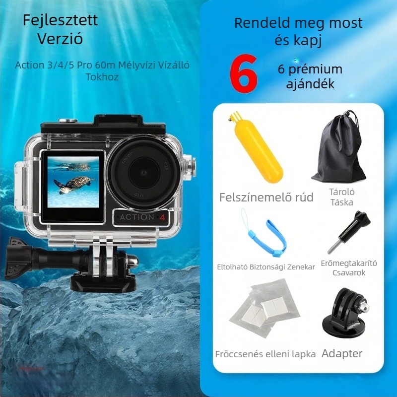 Vízálló tok DJI Action5 Pro/4/3 | Anyag: PC + 316 rozsdamentes acél | Tartalom: vízálló burkolat, alap, csavarok, párásodás elleni fólia