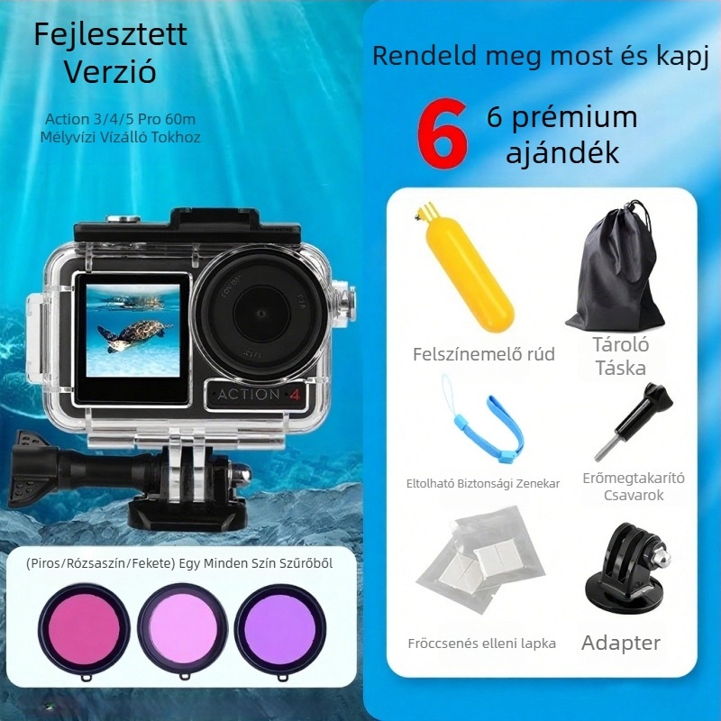 Vízálló tok DJI Action5 Pro/4/3 | Anyag: PC + 316 rozsdamentes acél | Tartalom: vízálló burkolat, alap, csavarok, párásodás elleni fólia
