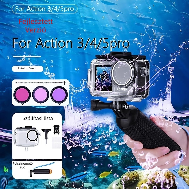 Vízálló tok DJI Action5 Pro/4/3 | Anyag: PC + 316 rozsdamentes acél | Tartalom: vízálló burkolat, alap, csavarok, párásodás elleni fólia