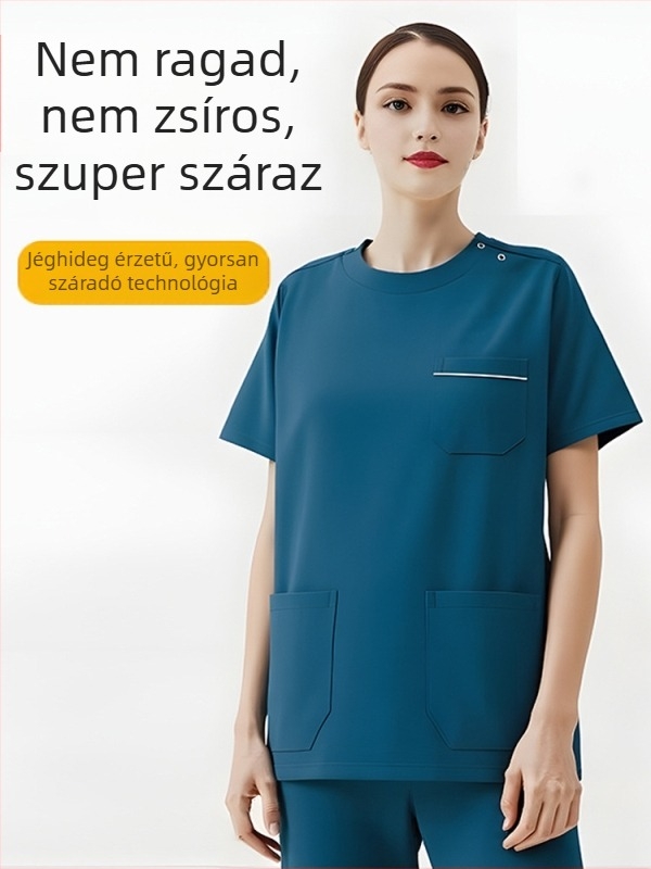 Uniszex rövid ujjú orvosi scrubs készlet, kerek nyakú felső és nadrág