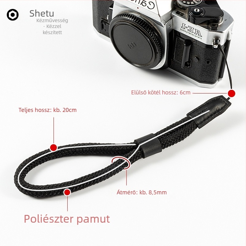 Kamera csuklópánt — pamutszálból készült (kompakt/mirrorless kamerákkal és okostelefonokkal való kompatibilitás; OEM feldolgozás; licencelt magáncímke)