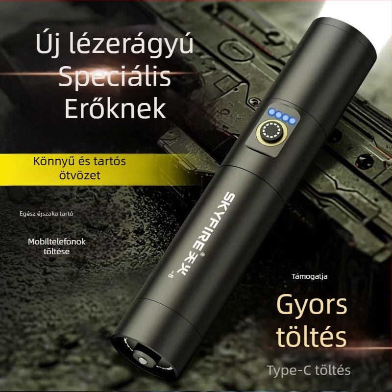 Sky Fire zseblámpa – 16W lézerfény, alumínium ötvözet test, kézi töltés, hatótáv ≥500 m, Többcélú kültéri használatra