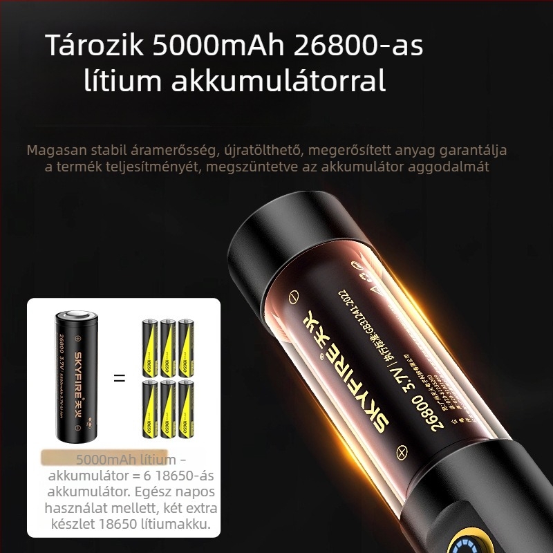 Sky Fire zseblámpa – 16W lézerfény, alumínium ötvözet test, kézi töltés, hatótáv ≥500 m, Többcélú kültéri használatra