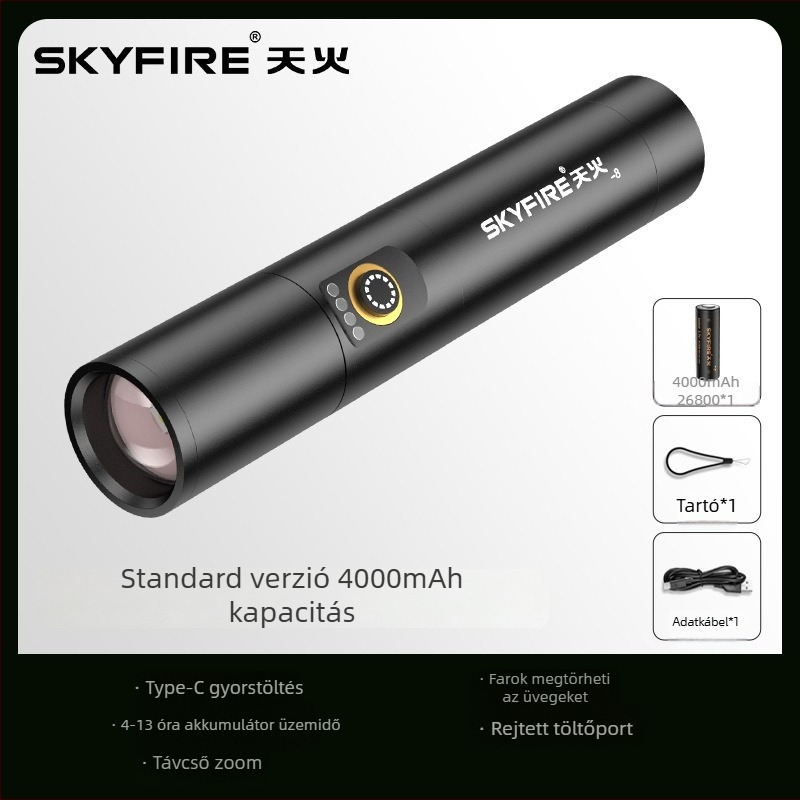 Sky Fire zseblámpa – 16W lézerfény, alumínium ötvözet test, kézi töltés, hatótáv ≥500 m, Többcélú kültéri használatra