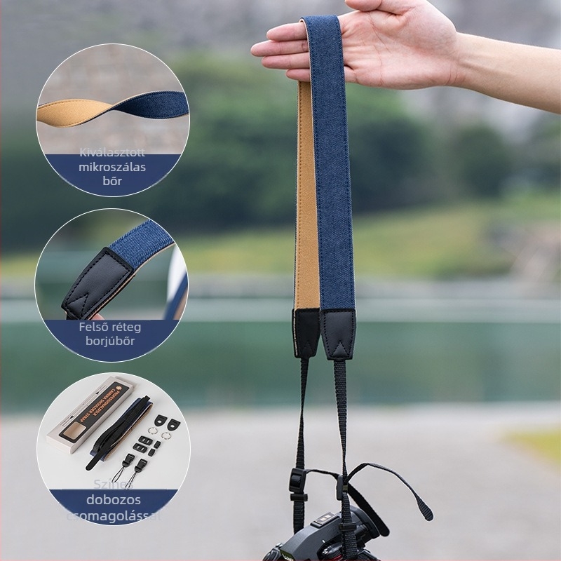 Kék denim DSLR kamera váll- és kézi pánt, keresztezett pánttal