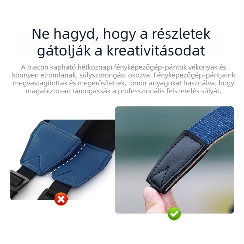 Kék denim DSLR kamera váll- és kézi pánt, keresztezett pánttal