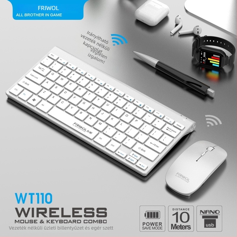 WT110 Vezeték nélküli billentyűzet és egér készlet PC-hez, USB billentyűzet és USB egér, 1200 DPI, Ergonomikus, Vízálló