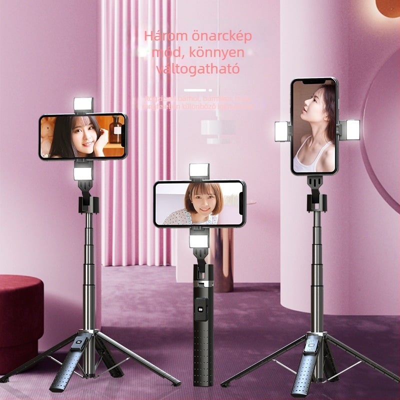 P05 Bluetooth állvány telefonhoz, Quadpod, ABS alumínium ötvözet, távirányítóval, kitöltő fény