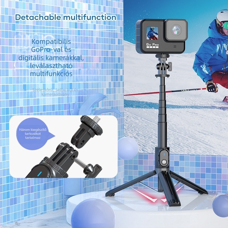 P90C alumínium ötvözet Bluetoothos selfie stick GoPro-kompatibilis és telefontartóval, Live Photo támogatás
