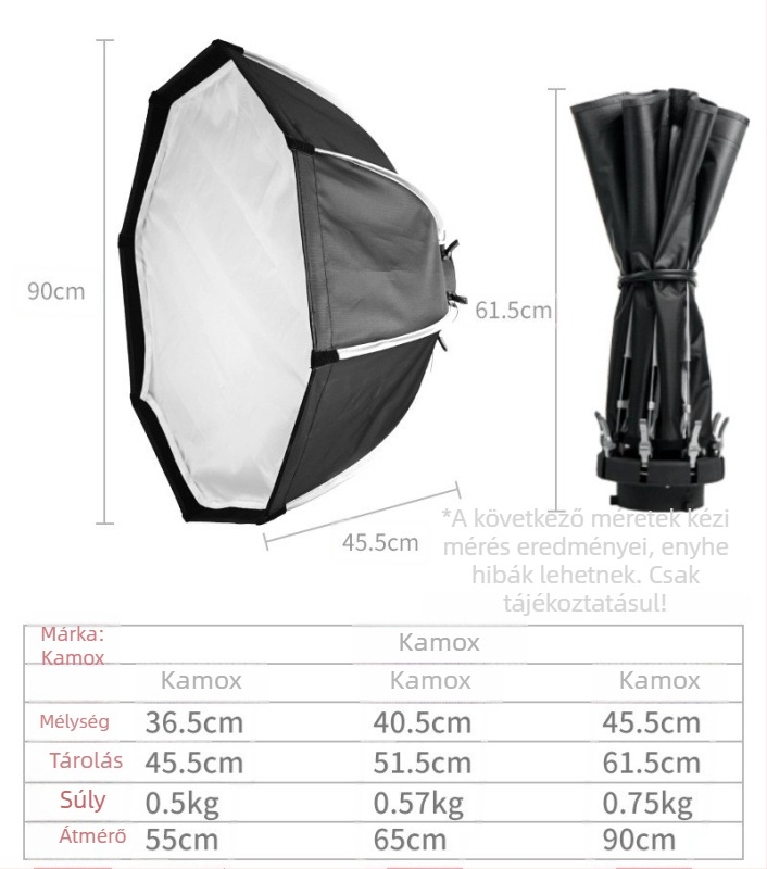 Kamox fotózási készlet, nyolcszögletű soft light box LED 55/65/90 cm, fém konstrukció