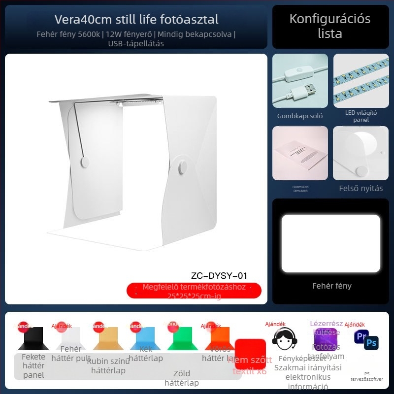 Kis fotóstúdió környezetbarát PP lappal és LED világítással, Zc-dysy-04 modell, 40×40×40 cm, 730 g