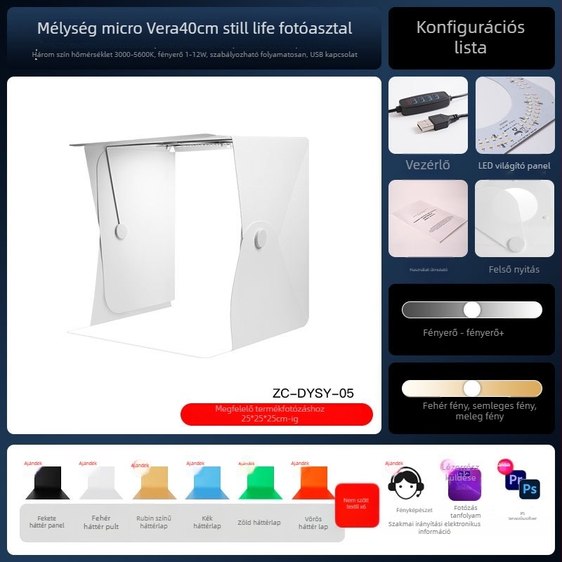 Kis fotóstúdió környezetbarát PP lappal és LED világítással, Zc-dysy-04 modell, 40×40×40 cm, 730 g