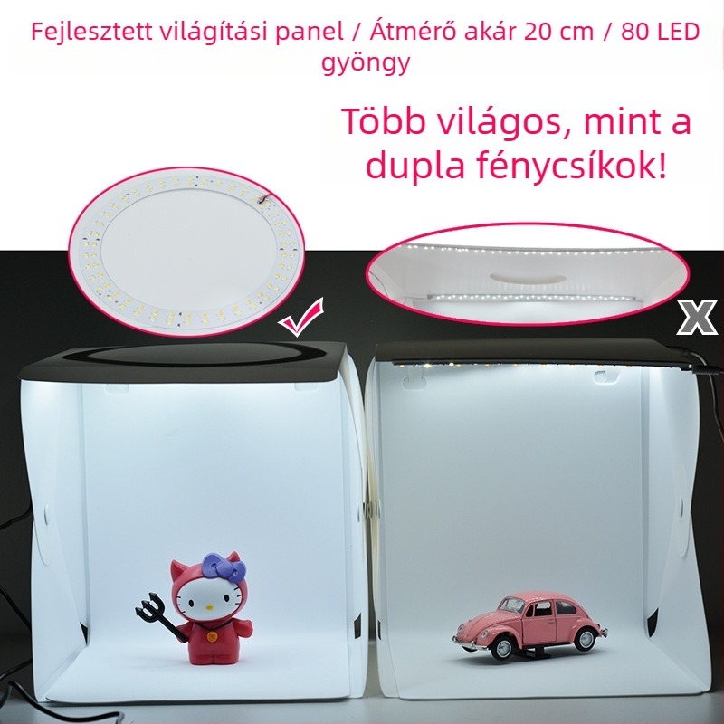 Ékszerek fotózására szolgáló mini stúdió: 20 cm-es gyűrűs világítás, PVC test, lágy fénydoboz