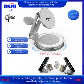 Mágneses Qi2 vezeték nélküli töltő 3-in-1 összecsukható tartóval, 360°-os forgás, cinköntvény kivitel, 15W kimenet, QC3.0