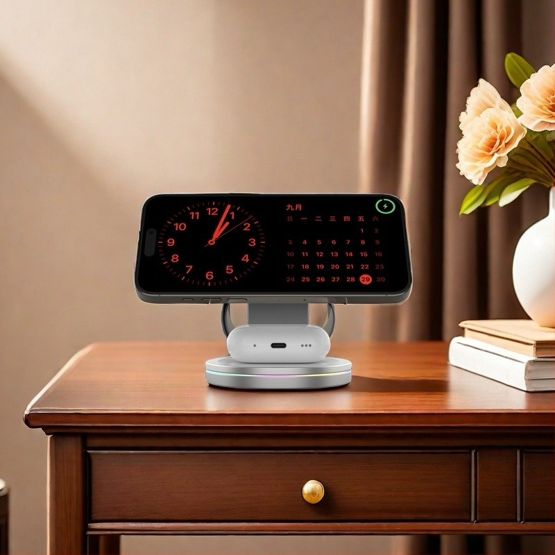 Mágneses Qi2 vezeték nélküli töltő 3-in-1 összecsukható tartóval, 360°-os forgás, cinköntvény kivitel, 15W kimenet, QC3.0