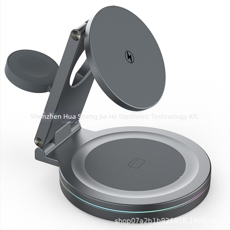 Mágneses Qi2 vezeték nélküli töltő 3-in-1 összecsukható tartóval, 360°-os forgás, cinköntvény kivitel, 15W kimenet, QC3.0