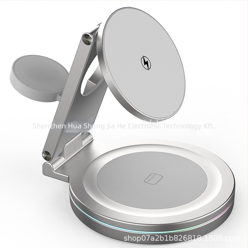 Mágneses Qi2 vezeték nélküli töltő 3-in-1 összecsukható tartóval, 360°-os forgás, cinköntvény kivitel, 15W kimenet, QC3.0