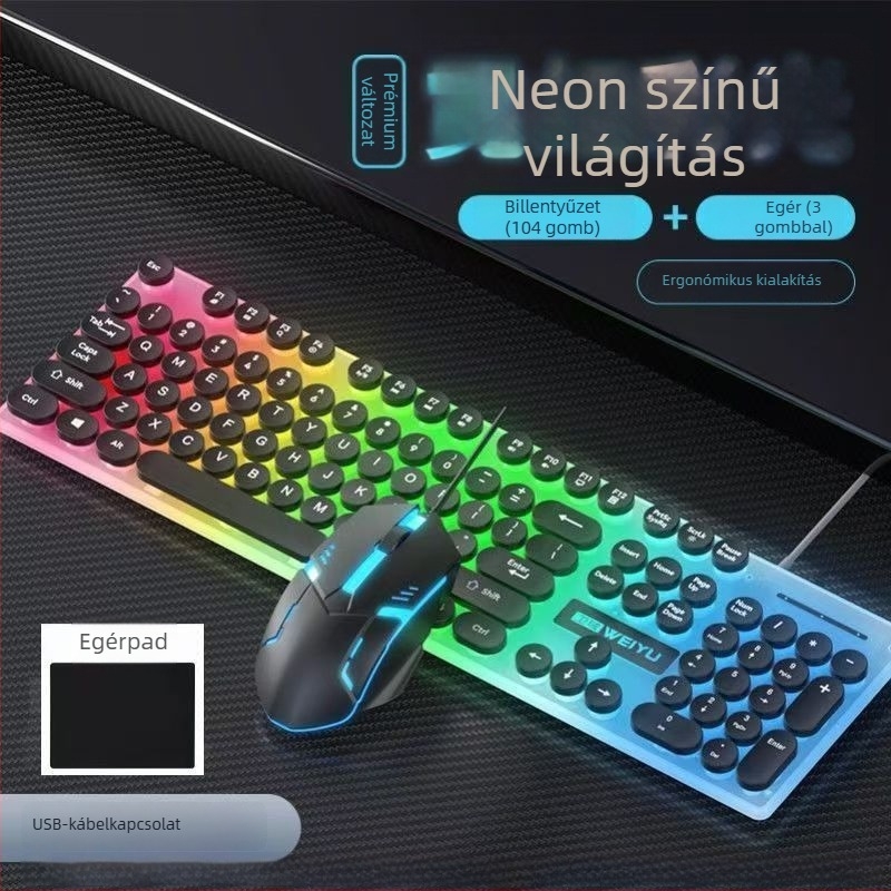 Punk keycap vezetékes billentyűzet és RGB egér készlet, 104 billentyűs USB billentyűzet 1.3 m kábel, ergonómikus, nyomtatható logó, 1000dpi optikai egér