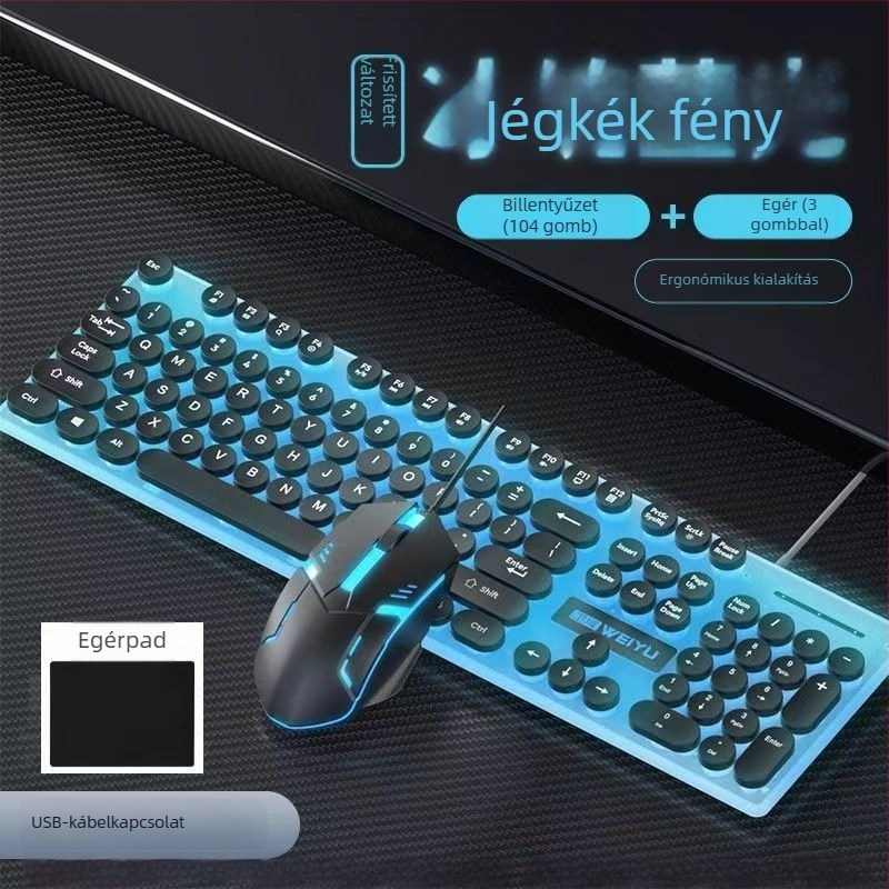 Punk keycap vezetékes billentyűzet és RGB egér készlet, 104 billentyűs USB billentyűzet 1.3 m kábel, ergonómikus, nyomtatható logó, 1000dpi optikai egér