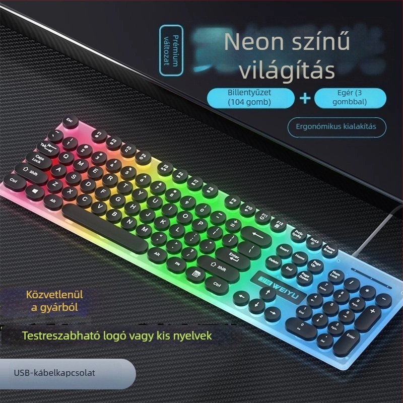 Punk keycap vezetékes billentyűzet és RGB egér készlet, 104 billentyűs USB billentyűzet 1.3 m kábel, ergonómikus, nyomtatható logó, 1000dpi optikai egér