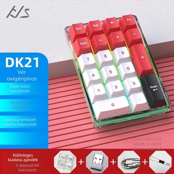 DK21 mechanikus billentyűzet-készlet, RGB háttérvilágítás, átlátszó 21-gombos digitális keypad, három módú csatlakozás: kábeles, vezeték nélküli, Bluetooth, hot-swappable