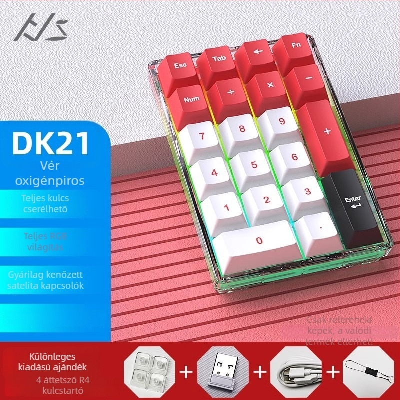 DK21 mechanikus billentyűzet-készlet, RGB háttérvilágítás, átlátszó 21-gombos digitális keypad, három módú csatlakozás: kábeles, vezeték nélküli, Bluetooth, hot-swappable