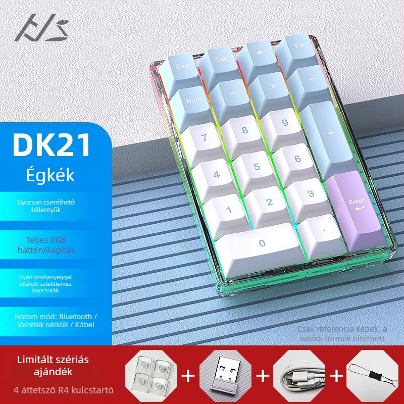 DK21 mechanikus billentyűzet-készlet, RGB háttérvilágítás, átlátszó 21-gombos digitális keypad, három módú csatlakozás: kábeles, vezeték nélküli, Bluetooth, hot-swappable