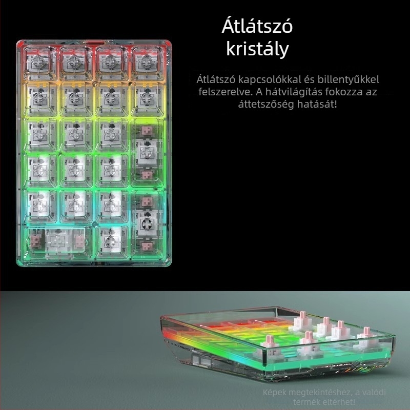 DK21 mechanikus billentyűzet-készlet, RGB háttérvilágítás, átlátszó 21-gombos digitális keypad, három módú csatlakozás: kábeles, vezeték nélküli, Bluetooth, hot-swappable