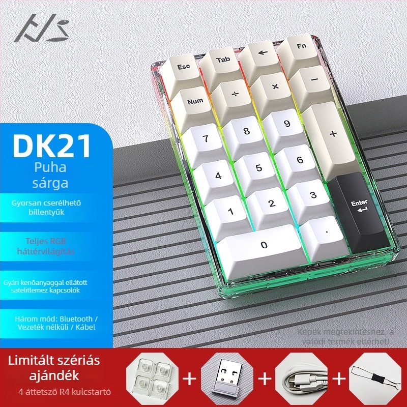DK21 mechanikus billentyűzet-készlet, RGB háttérvilágítás, átlátszó 21-gombos digitális keypad, három módú csatlakozás: kábeles, vezeték nélküli, Bluetooth, hot-swappable