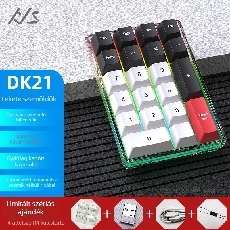 DK21 mechanikus billentyűzet-készlet, RGB háttérvilágítás, átlátszó 21-gombos digitális keypad, három módú csatlakozás: kábeles, vezeték nélküli, Bluetooth, hot-swappable