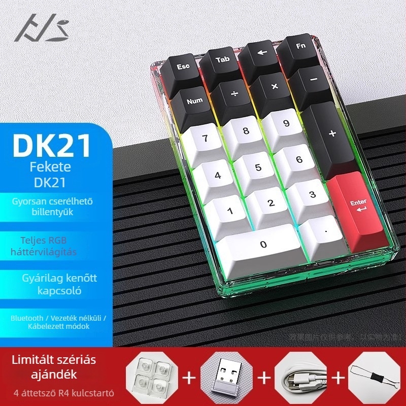DK21 mechanikus billentyűzet-készlet, RGB háttérvilágítás, átlátszó 21-gombos digitális keypad, három módú csatlakozás: kábeles, vezeték nélküli, Bluetooth, hot-swappable