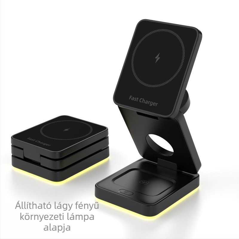 3 az 1-ben összecsukható mágneses vezeték nélküli töltőállvány, Qi 15W töltés, USB-C bemenet, QC3.0/PD