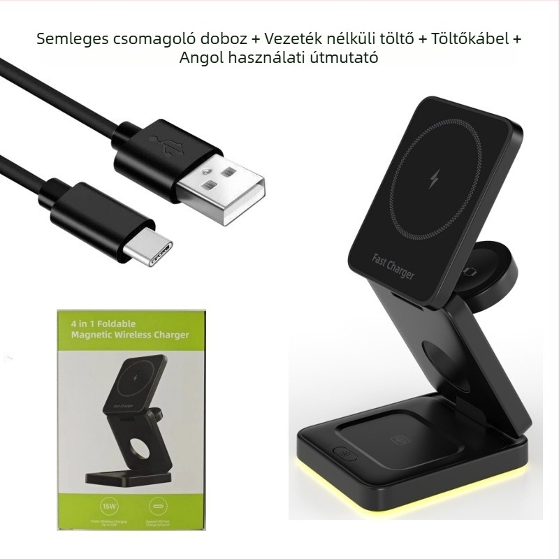 3 az 1-ben összecsukható mágneses vezeték nélküli töltőállvány, Qi 15W töltés, USB-C bemenet, QC3.0/PD