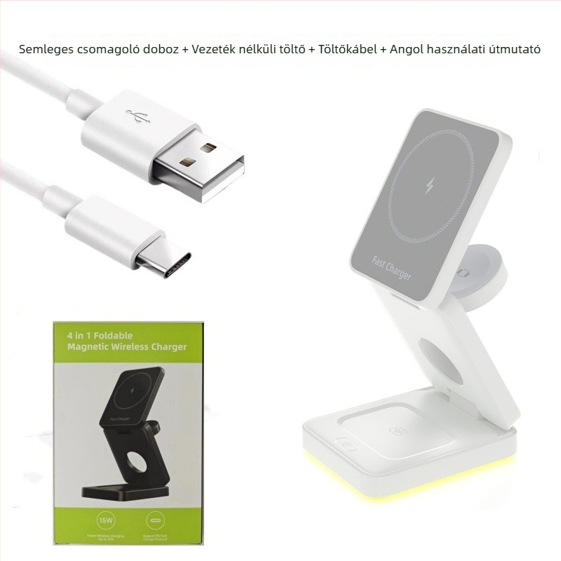 3 az 1-ben összecsukható mágneses vezeték nélküli töltőállvány, Qi 15W töltés, USB-C bemenet, QC3.0/PD