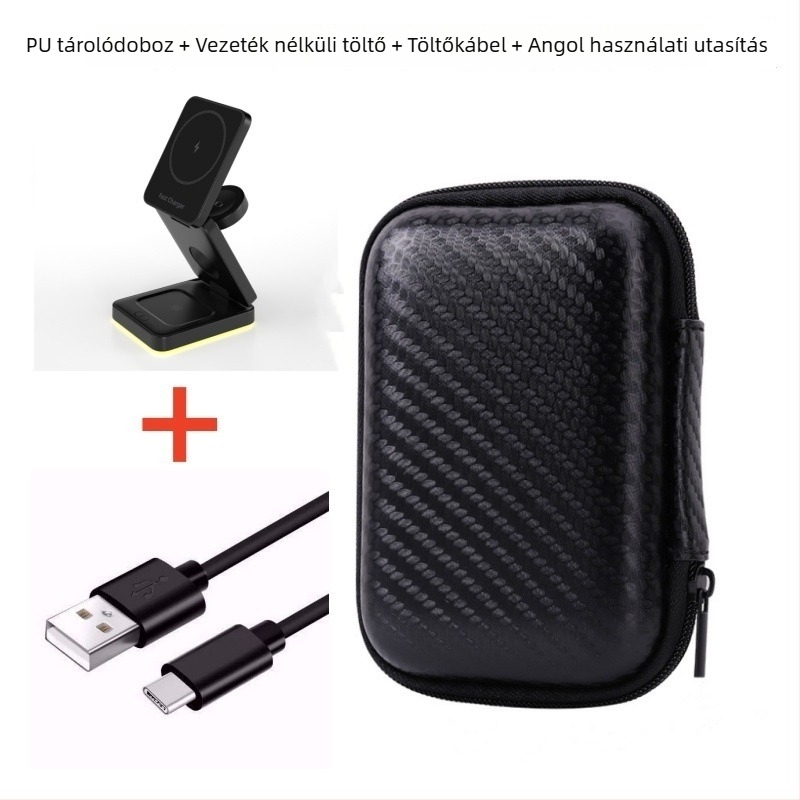 3 az 1-ben összecsukható mágneses vezeték nélküli töltőállvány, Qi 15W töltés, USB-C bemenet, QC3.0/PD