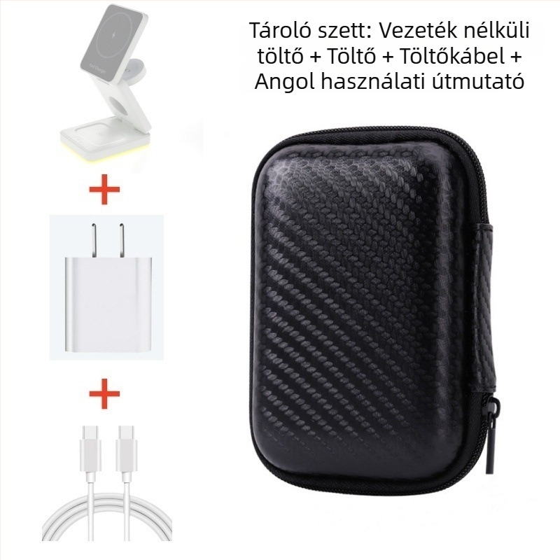 3 az 1-ben összecsukható mágneses vezeték nélküli töltőállvány, Qi 15W töltés, USB-C bemenet, QC3.0/PD