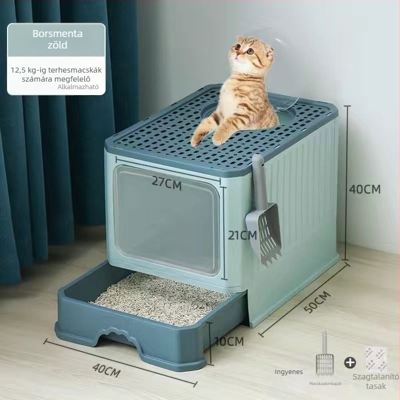Macskaalom doboz - teljesen zárt, kihúzható felső rész, szagtalanító, fröccsenés elleni, kétszintes