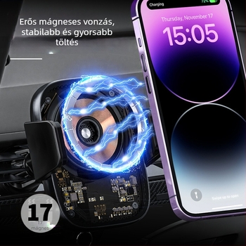 MagSafe autó mágneses vezeték nélküli töltő érintéses érzékeléssel, átlátszó punk stílus, 15W max, USB-C, QC3.0, mágneses rögzítés
