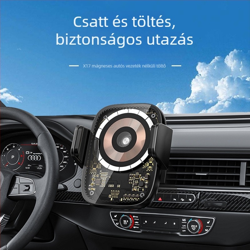 MagSafe autó mágneses vezeték nélküli töltő érintéses érzékeléssel, átlátszó punk stílus, 15W max, USB-C, QC3.0, mágneses rögzítés