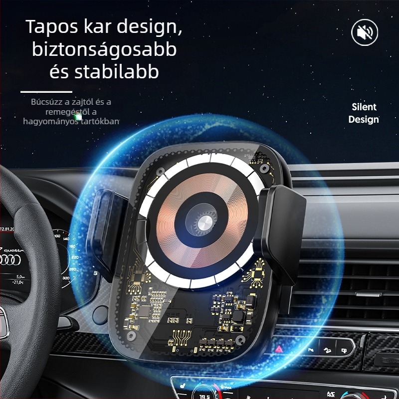 MagSafe autó mágneses vezeték nélküli töltő érintéses érzékeléssel, átlátszó punk stílus, 15W max, USB-C, QC3.0, mágneses rögzítés