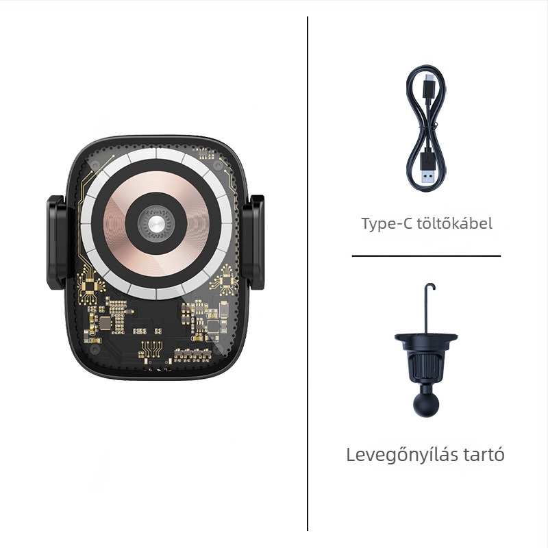 MagSafe autó mágneses vezeték nélküli töltő érintéses érzékeléssel, átlátszó punk stílus, 15W max, USB-C, QC3.0, mágneses rögzítés