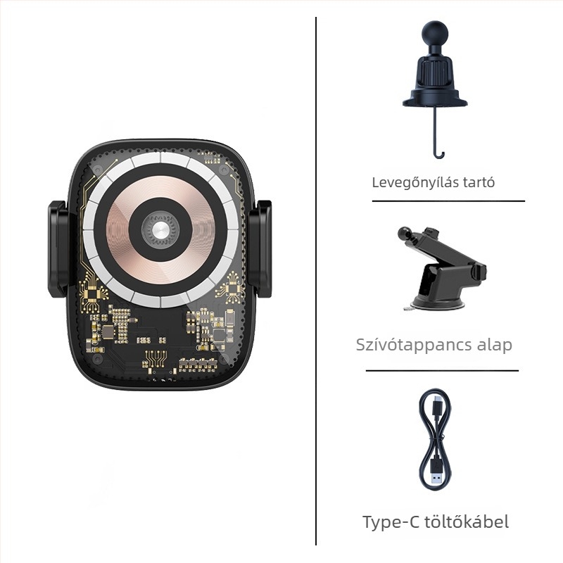 MagSafe autó mágneses vezeték nélküli töltő érintéses érzékeléssel, átlátszó punk stílus, 15W max, USB-C, QC3.0, mágneses rögzítés